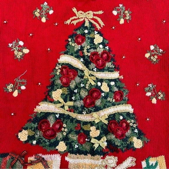 Vintage Tiara Petites Red Ugly Christmas Sweater Holiday Tree Winter Medium - Picture 3 of 8